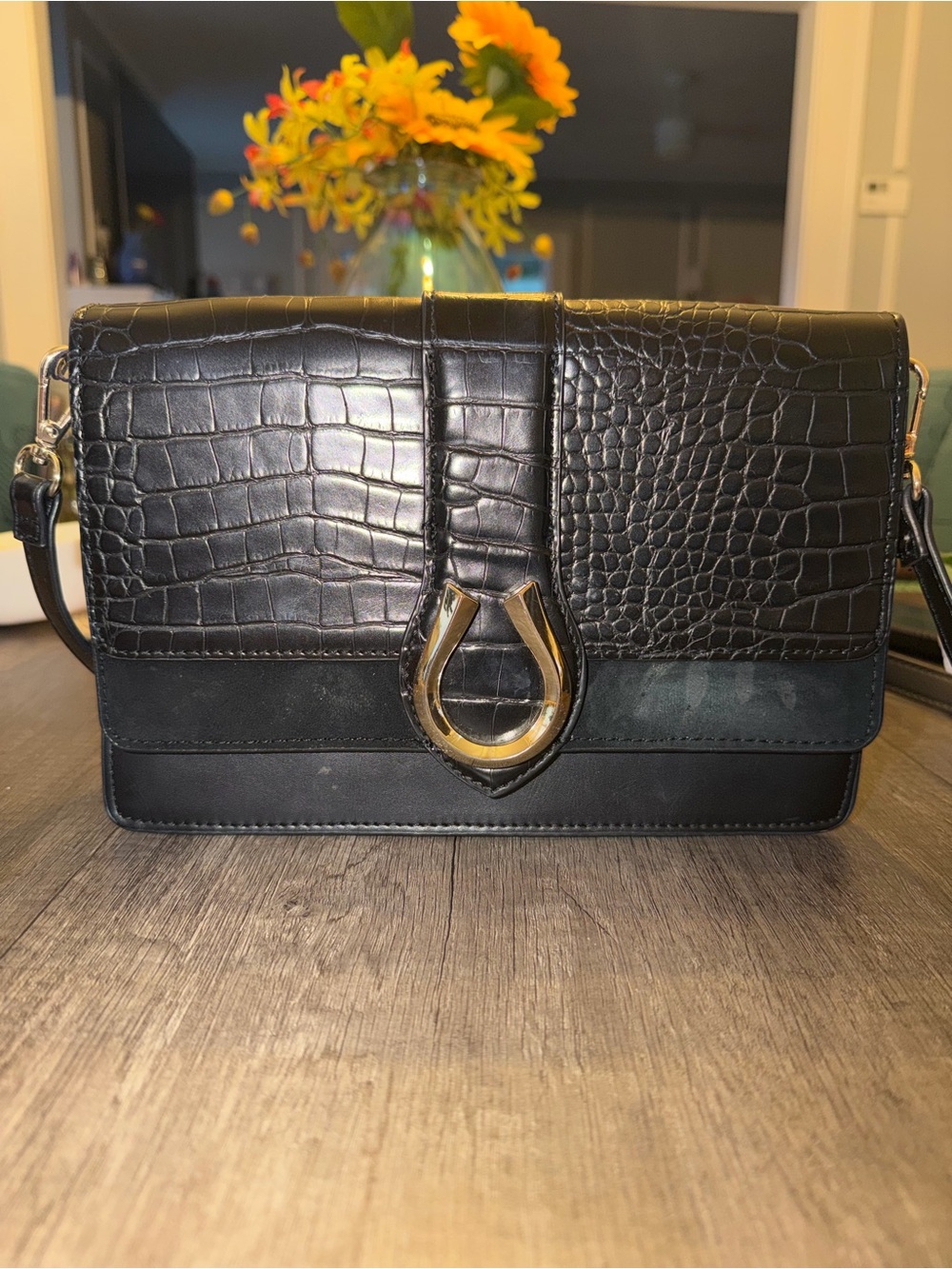 ZARA Black Croc Embossed Faux Leather Crossbody Shoulder Bag